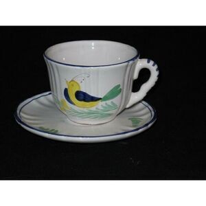J Peterman Yellow Bird Blue‎ Flowers Teacup Cup & Saucer Set (s) HTF